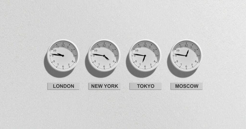 Four wall clocks showing different time zones for London, New York, Tokyo, and Moscow.